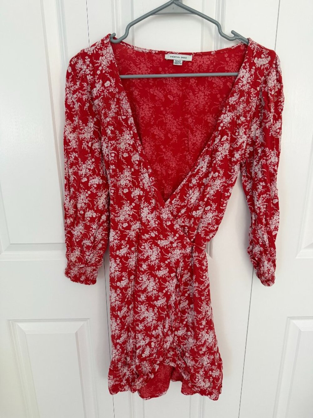 American Eagle Wrap Mini Dress - Orange/Red Floral Print - Medium